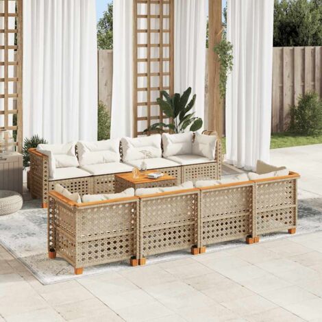 Ensemble salon jardin 9 pièces beige résine tressée avec coussins lavables