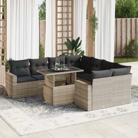 Ensemble Salon Jardin 9 Pièces Gris Clair Résine Tressée Canapé Table Coussins Housse Lavable
