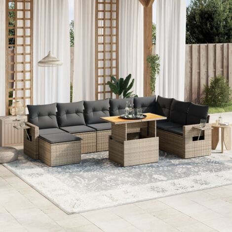 Ensemble salon jardin 9 pièces gris résine tressée, table extensible et coussins déhoussables lavables