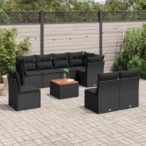 Ensemble Salon Jardin 9 Pièces Noir Résine Tressée - 3 Sièges Coin, 5 Sièges Centraux, Table Acacia avec Coussins Lavables et Rangement Intégré