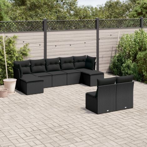 Ensemble Salon Jardin 9 Pièces Noir Résine Tressée avec Coussins - 5 Sièges Centraux, 2 Sièges Coin, 2 Tabourets