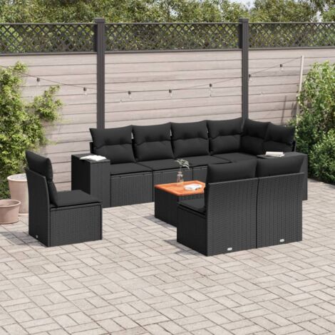 Ensemble Salon Jardin 9 Pièces Noir Résine Tressée avec Coussins - Canapé d'Angle, Sièges Centraux et Table Acacia