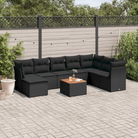Ensemble Salon Jardin 9 Pièces Noir Résine Tressée avec Coussins - Canapés d'Angle et Central, Table Acacia, Repose-Pieds - Mobilier Extérieur Modulaire