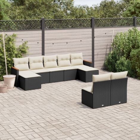Ensemble Salon Jardin 9 Pièces Noir Résine Tressée avec Coussins Crème - 5 Sièges Centraux, 2 Sièges d'Angle Acacia, 2 Repose-Pieds - Stockage Intégré