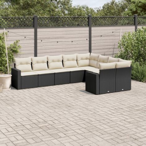 Ensemble Salon Jardin 9 Pièces Noir Résine Tressée avec Coussins Crème - Canapé d'Angle Modulaire