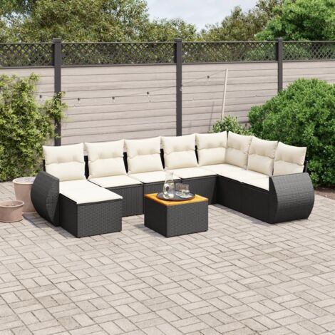 Ensemble Salon Jardin 9 Pièces Noir Résine Tressée avec Coussins Crème - Canapé d'Angle, Sièges Centraux, Table Acacia et Repose-Pieds