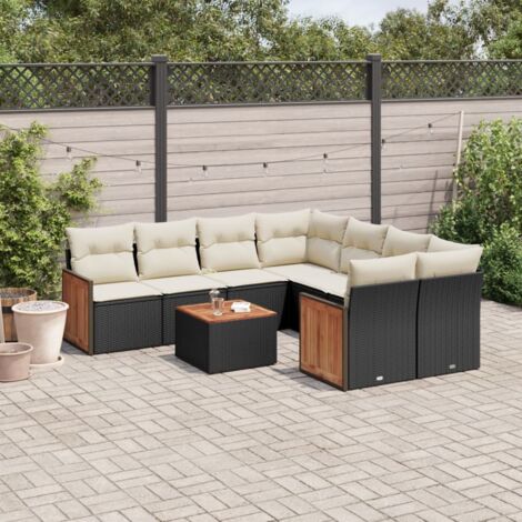 Ensemble Salon Jardin 9 Pièces Noir Résine Tressée avec Coussins Crème - Meuble Extérieur Modulaire Acacia