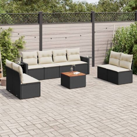 Ensemble Salon Jardin 9 Pièces Noir Résine Tressée avec Coussins Crème - Meubles Extérieur Modulables Acacia et Rangement Intégré