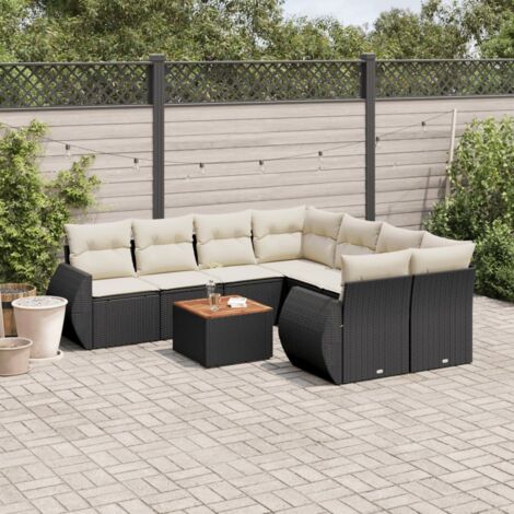 Ensemble Salon Jardin 9 Pièces Noir Résine Tressée avec Coussins Crème - Table Acacia, Mobilier Extérieur Modulaire