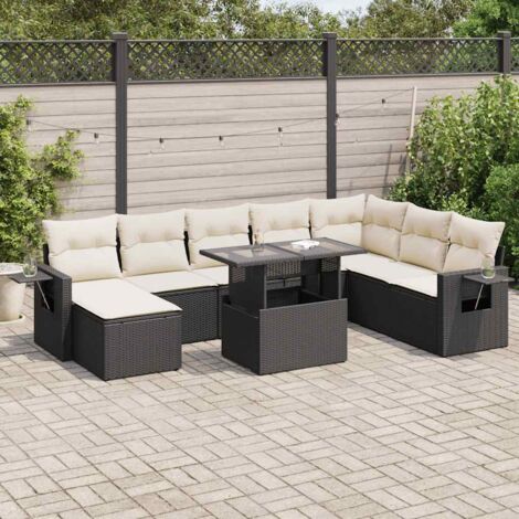 Ensemble Salon Jardin 9 Pièces Noir Résine Tressée avec Coussins Crème - Table Réglable et Rangement Intégré