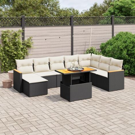 Ensemble Salon Jardin 9 Pièces Noir Résine Tressée avec Coussins Crème - Table Réglable, Meuble Extérieur Modulaire