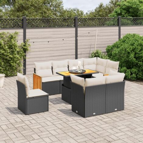 Ensemble Salon Jardin 9 Pièces Noir Résine Tressée avec Coussins Crème - Table Réglable Modulaire