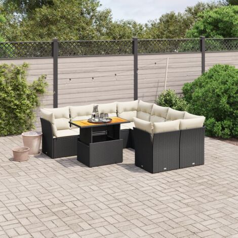 Ensemble Salon Jardin 9 Pièces Noir Résine Tressée avec Coussins Crème - Table Réglable Modulaire