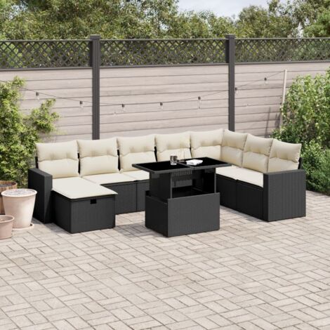 Ensemble Salon Jardin 9 Pièces Noir Résine Tressée avec Coussins Crème - Table Réglable, Modulaire et Housse Lavable