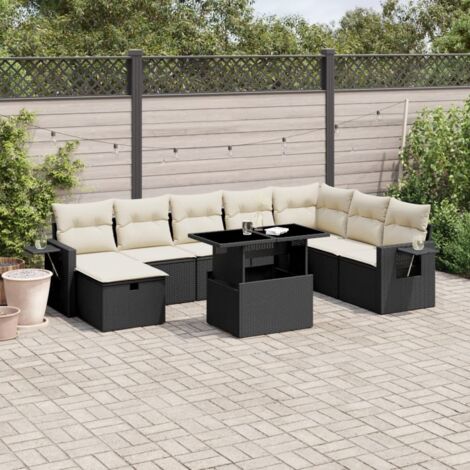 Ensemble Salon Jardin 9 Pièces Noir Résine Tressée avec Coussins Crème - Table Réglable, Modulaire et Lavable