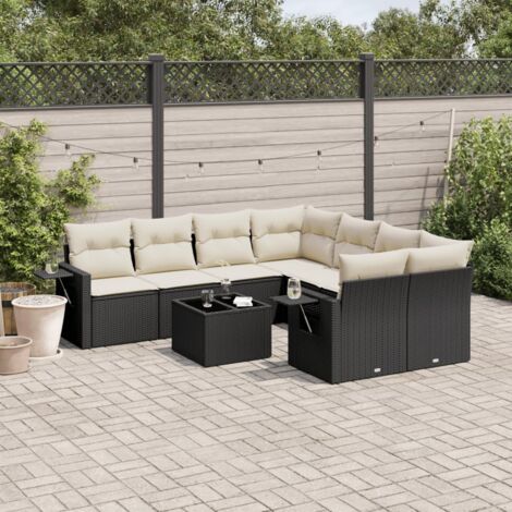 Ensemble Salon Jardin 9 Pièces Noir Résine Tressée avec Coussins Crème - Table Verre Trempé, Mobilier Extérieur Modulaire