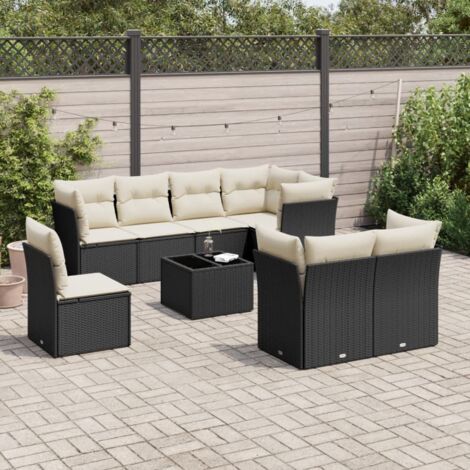 Ensemble Salon Jardin 9 Pièces Noir Résine Tressée avec Coussins Crème - Table Verre Trempé, Modulaire