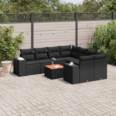 Ensemble Salon Jardin 9 Pièces Noir Résine Tressée avec Coussins - Table Acacia, Modulaire, Résistant aux UV