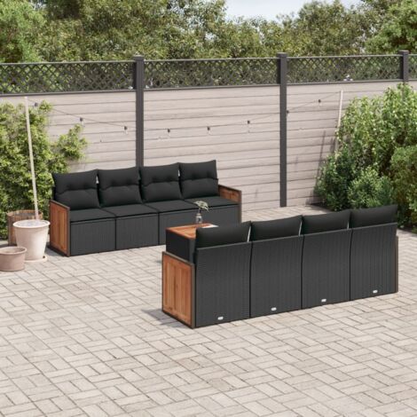 Ensemble Salon Jardin 9 Pièces Noir Résine Tressée avec Coussins - Table Acacia, Modulaire, Résistant aux UV