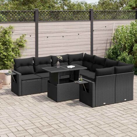 Ensemble Salon Jardin 9 Pièces Noir Résine Tressée avec Coussins - Table Réglable et Rangement Intégré