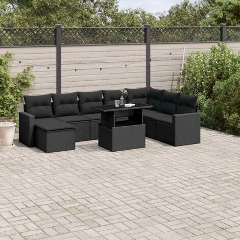 Ensemble Salon Jardin 9 Pièces Noir Résine Tressée avec Coussins - Table Réglable Hauteur, Meuble Extérieur Modulaire