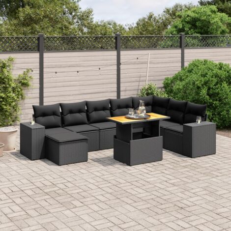 Ensemble Salon Jardin 9 Pièces Noir Résine Tressée avec Coussins - Table Réglable, Meuble Extérieur Modulaire