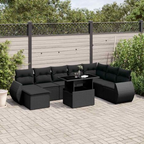 Ensemble Salon Jardin 9 Pièces Noir Résine Tressée avec Coussins - Table Réglable, Modulaire et Lavable