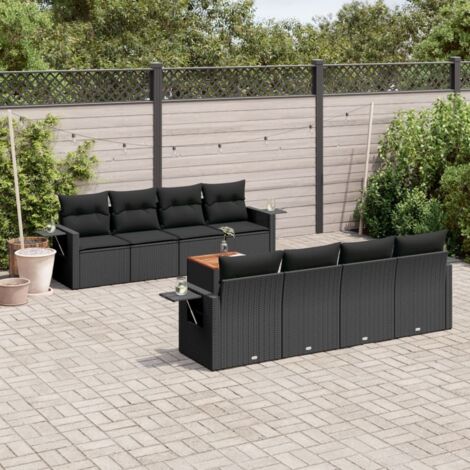 Ensemble Salon Jardin 9 Pièces Noir Résine Tressée avec Table Acacia et Coussins Lavables - 4 Sièges + 4 Canapés + 1 Table