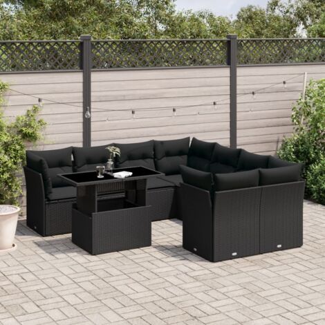 Ensemble Salon Jardin 9 Pièces Noir Résine Tressée avec Table Réglable et Coussins Confort