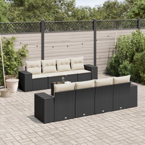 Ensemble Salon Jardin 9 Pièces Noir Résine Tressée avec Table Verre Trempé et Coussins Crème