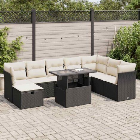 Ensemble Salon Jardin 9 Pièces Noir Résine Tressée avec Table Verre Trempé et Coussins Crème - Meubles Extérieur Modulaires Rangement Intégré