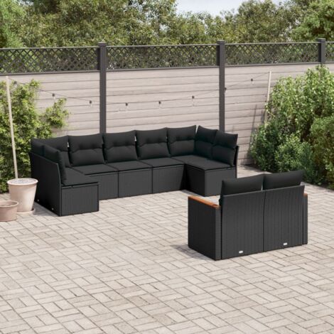 Ensemble Salon Jardin 9 Pièces Noir Résine Tressée - Canapé d'Angle et Central avec Coussins Amovibles, Cadre Acier Powder-Coated, Modulaire