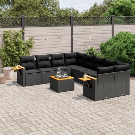 Ensemble Salon Jardin 9 Pièces Noir Résine Tressée - Canapé d'Angle Modulable avec Coussins et Table Acacia