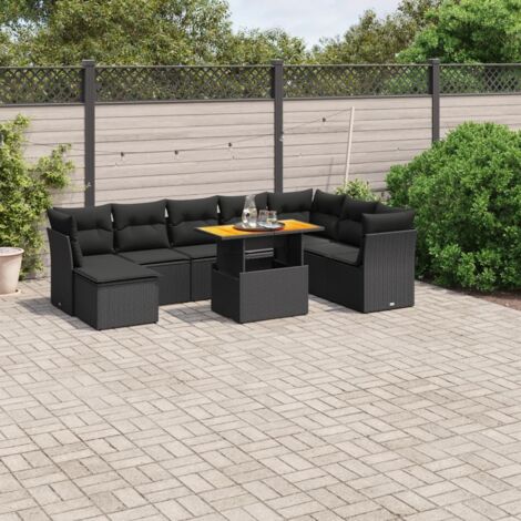 Ensemble Salon Jardin 9 Pièces Noir Résine Tressée - Canapé d'Angle Modulable avec Table Réglable et Coussins Lavables