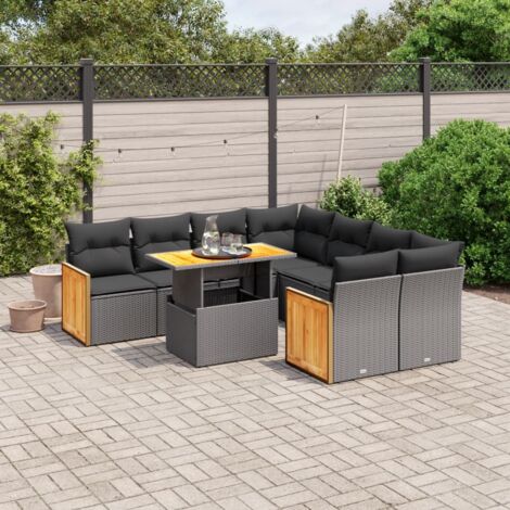 Ensemble Salon Jardin 9 Pièces Noir Résine Tressée - Table Réglable, Coussins Lavables - Meuble Extérieur Modulaire