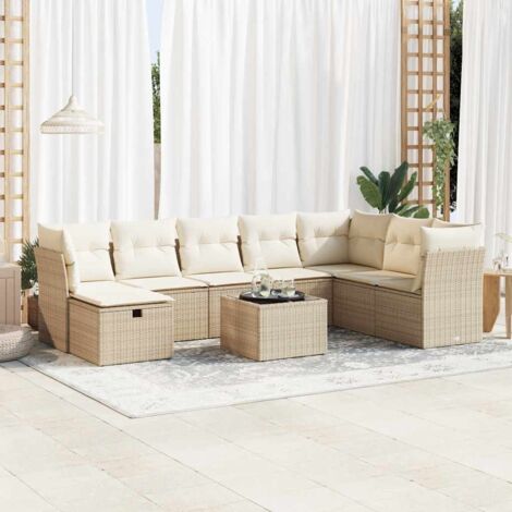 Ensemble Salon Jardin 9 Pièces Résine Tressée Beige avec Coussins - 3 Sièges d'Angle, 4 Sièges Centraux, Table et Pouf Modulable