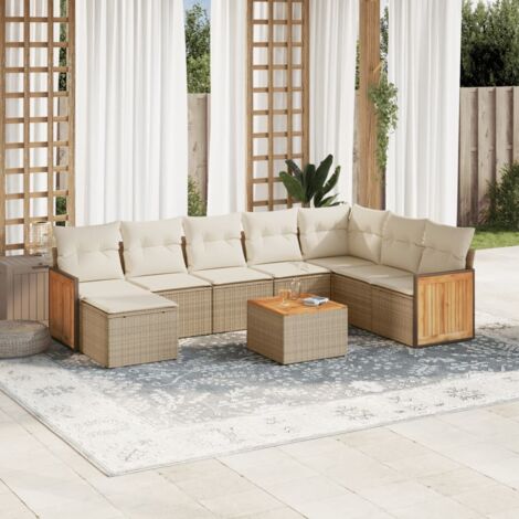 Ensemble Salon Jardin 9 Pièces Résine Tressée Beige avec Coussins - Canapé d'Angle, Central et Accoudoirs - Table et Pouf - Mobilier Extérieur Modulaire