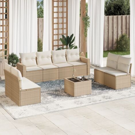 Ensemble Salon Jardin 9 Pièces Résine Tressée Beige avec Coussins Crème - 6 Sièges + 2 Canapés + 1 Table Verre Trempé - Stockage Intégré