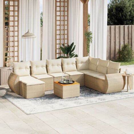 Ensemble Salon Jardin 9 Pièces Résine Tressée Beige avec Coussins Crème - Meuble Extérieur Modulaire avec Espace Rangement et Table Acacia