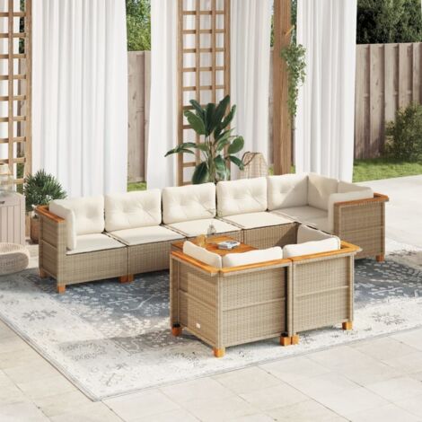 Ensemble Salon Jardin 9 Pièces Résine Tressée Beige avec Coussins Crème - Table Acacia, Modulaire, Housse Lavable