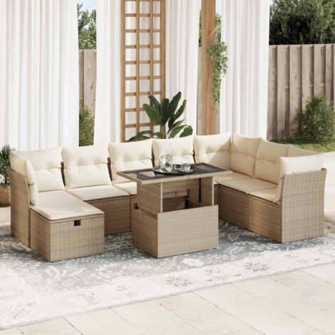 Ensemble Salon Jardin 9 Pièces Résine Tressée Beige avec Coussins - Stockage Intégré, Modulaire, Housse Lavable