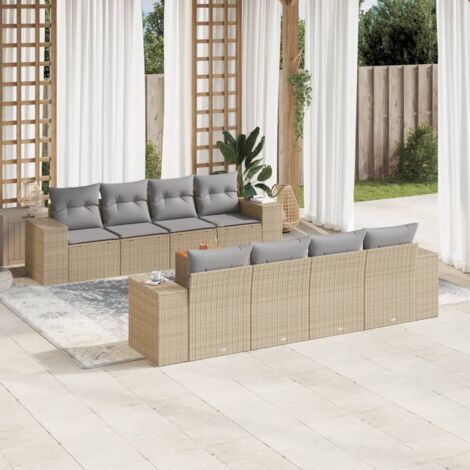 Ensemble Salon Jardin 9 Pièces Résine Tressée Beige - Canapés Modulaires avec Table Acacia et Coussins Gris Lavables