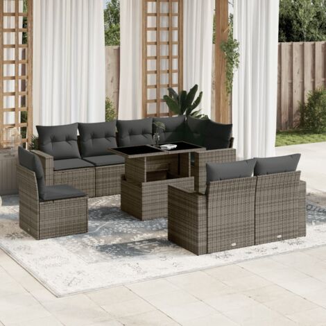 Ensemble Salon Jardin 9 Pièces Résine Tressée Gris avec Table Réglable et Coussins Lavables