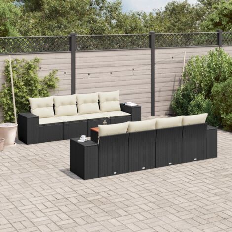Ensemble Salon Jardin 9 Pièces Résine Tressée Noir avec Coussins Crème - Table Acacia, Modulaire, 8 Places, Meuble Extérieur