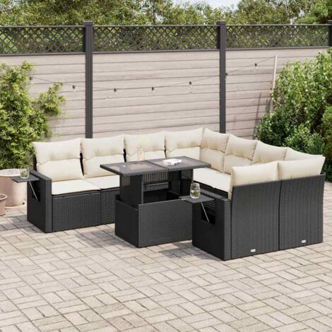Ensemble Salon Jardin 9 Pièces Résine Tressée Noir avec Coussins Crème - Table Réglable, Rangement Intégré, Acier Enduit Poudre