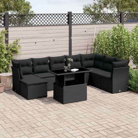 Ensemble Salon Jardin 9 Pièces Résine Tressée Noir avec Coussins - Table Réglable, Modulaire et Lavable