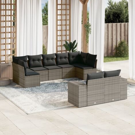 Ensemble Salon Jardin 9 Pièces Tressé Résine Gris Sac Rangement Coussins Lavables