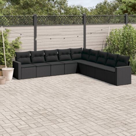 Ensemble Salon Jardin 9 Places Noir Résine Tressée avec Coussins - Canapé d'Angle Modulaire 65x62x69cm - Housse Lavable - Résistant aux UV