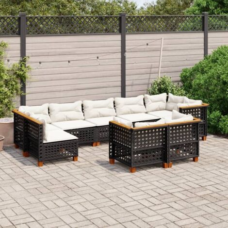Ensemble Salon Jardin 9 Places Noir Résine Tressée avec Coussins Crème - Canapé d'Angle et Central Modulaire en Polyrotin avec Housses Lavables