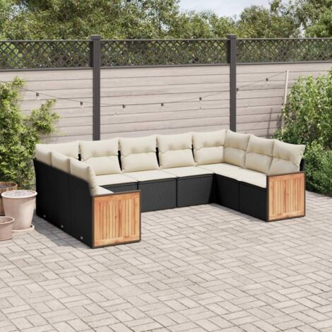 Ensemble Salon Jardin 9 Places Noir Résine Tressée avec Coussins Crème - Meuble Extérieur Modulaire Rangement Intégré